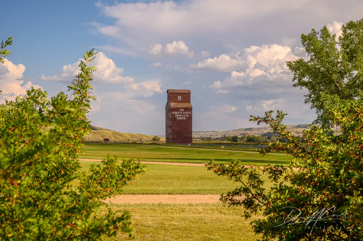 Abandoned buildings in Dorothy, Alberta, a small prairie ghost town founded in 1911 as a railway farming community. After rail service ended in the late 1960s, the town gradually emptied, leaving behind only a few remaining structures.